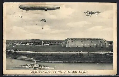 AK Dresden, Zeppelin und Flugzeug über dem Städtischen Land- und Wasser-Flugplatz