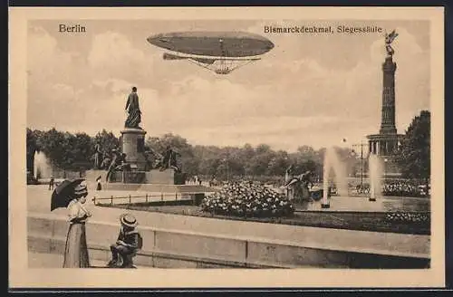 AK Berlin, Zeppelin über der Siegessäule und Bismarckdenkmal