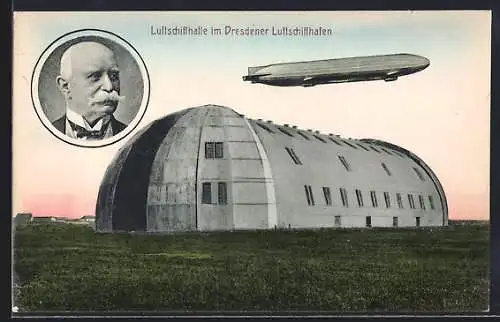 AK Dresden, Zeppelin über der Luftschiffhalle im Luftschiffhafen, Portrait Graf Zeppelin