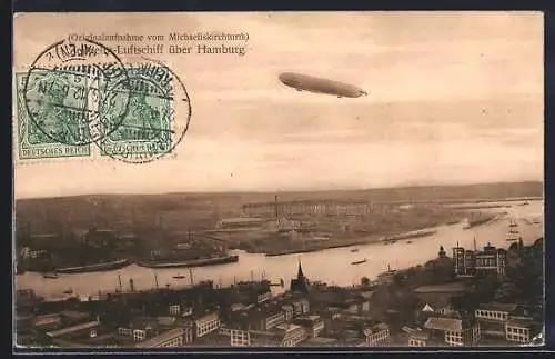 AK Hamburg, Zeppelin-Luftschiff über der Stadt