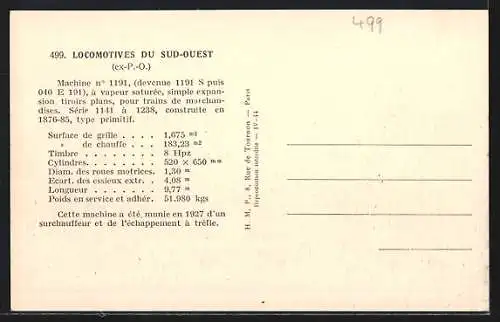 AK Machine No. 1191 du Sud-Ouest, französische Eisenbahn