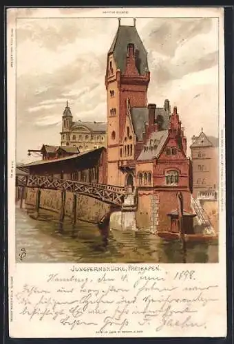 Künstler-AK C.Biese: Hamburg, Freihafen, Jungfernbrücke am Zollkanal
