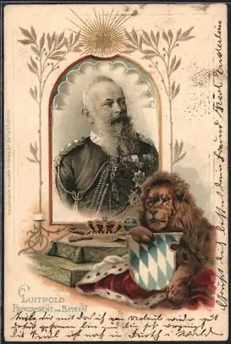 AK Portrait Prinzregent Luitpold von Bayern vor dem bayrischen Löwen