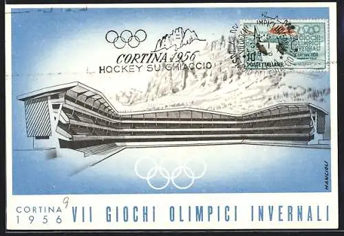AK Cortina d`Ampezzo, Olympia 1956, Eisstadion mit Gebirge und olympische Ringe