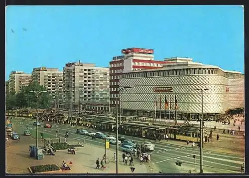 AK Leipzig, Strassenbahn vor dem Warenhaus Konsument am Brühl