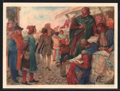 Künstler-AK Leipziger Messe anno 1365 - Schätzung und Erhebung des Budenzinses