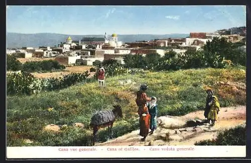 AK Cana of Galilee, vue générale / veduta generale / general view, Familie mit Esel