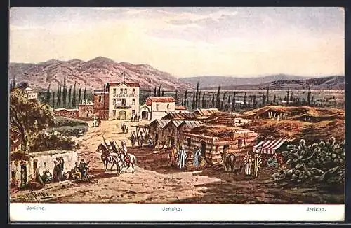 Künstler-AK F.Perlberg: Jericho, Ortspartie mit Jordan Hotel