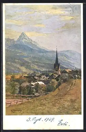 Künstler-AK Mauthen /Gailtal, Teilansicht mit Reiskofel