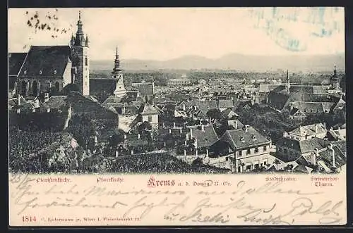 AK Krems a. d. Donau, Piaristenkirche, Pfarrkirche, Stadttheater und Steintor-Turm