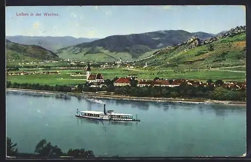 AK Loiben in der Wachau, Uferpartie mit Kirche und Dampfer