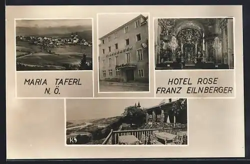 AK Maria Taferl, Ortsansicht aus der Ferne, Hotel Rose mit Terrasse