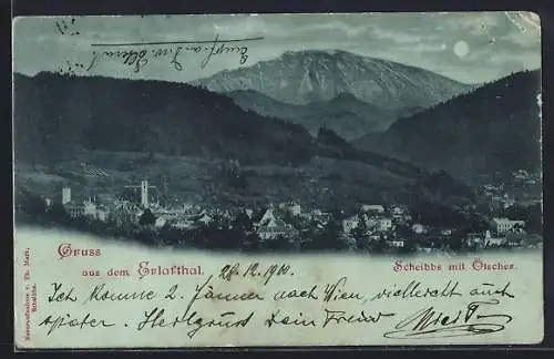 Mondschein-AK Scheibbs /Erlafthal, Teilansicht mit Ötscher