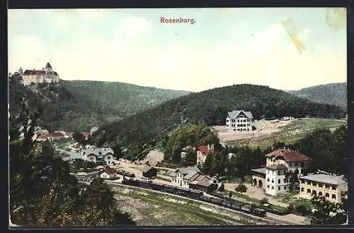 AK Rosenburg, Panorama mit Schloss und Eisenbahn