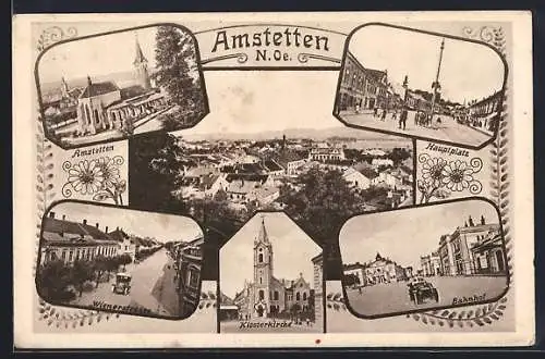 AK Amstetten, Bahnhof, Wienerstrasse, Klosterkirche, Hauptplatz