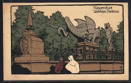 Steindruck-AK Klagenfurt, Lindwurm-Denkmal, Leute