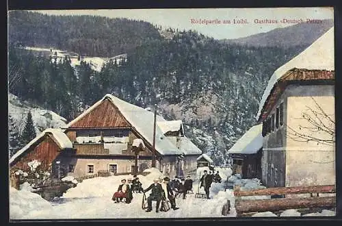 AK Ferlach, Loibl, Rodelpartie am Gasthaus Deutsch Peter