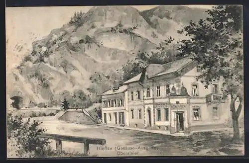 Künstler-AK Hieflau /Obersteier, Manufaktur Spezerei am Berg