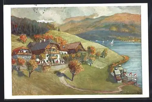 Künstler-AK Spittal an der Drau, Millstättersee, Restaurant Laggerhof mit eigener Bootsanlegestelle