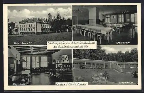 AK Kasten, Erholungsheim der Arbeiterkrankenkasse der Buchkaufmannschaft Wien, Spiesesaal, Tagesraum, Liegehalle