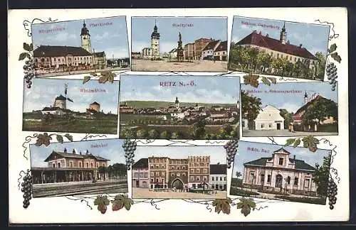 AK Retz, Bürgerschule, Pfarrkirche und Schloss Gatterburg