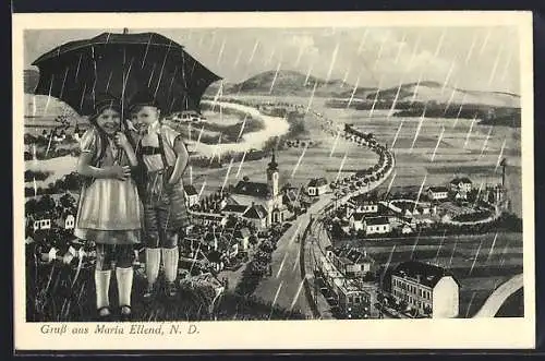 AK Maria Ellend an der Donau, Totalansicht, Kinder mit Regenschirm