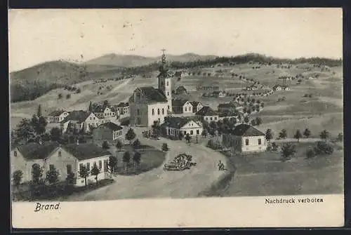 Künstler-AK Brand-Nagelberg, Brand mit Kirche und Feldern