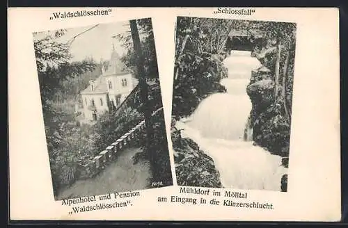 AK Mühldorf im Mölltal, Alpenhotel und Pension Waldschlösschen, Schlossfall