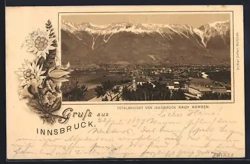 Lithographie Innsbruck, Totalansicht nach Norden mit Alpenpanorama