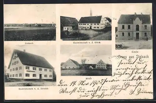 AK Steinach, Gasthaus v. J. Glück, Gasthaus v. A. Dietrich, Mühle und Schule