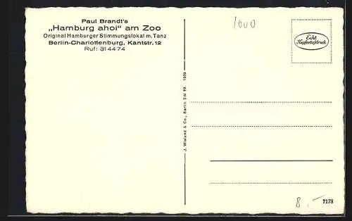 AK Berlin-Charlottenburg, Gasthaus Hamburg ahoi am Zoo, Kantstr. 12