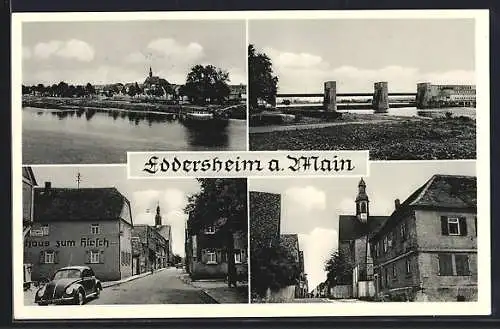 AK Eddersheim a. Main, Gasthaus zum Hirsch mit Strasse, Mainbrücke, Panorama vom Main aus, VW-Käfer