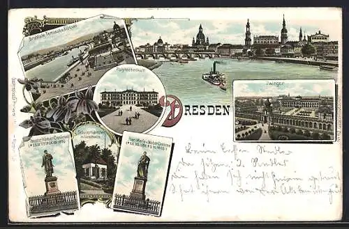 Lithographie Dresden, Polytechnikum, Schillerhäuschen in Loschwitz, Zwinger aus der Vogelschau