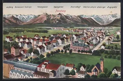 AK Penzberg, Ortsansicht gegen die Alpen