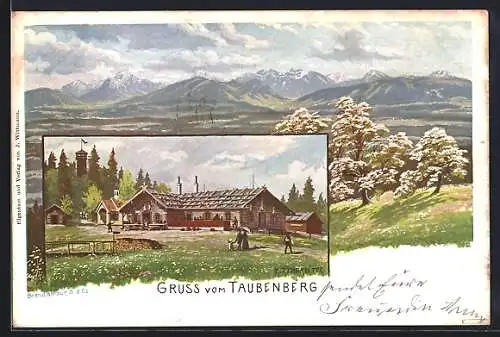 Lithographie Warngau, Gasthaus auf dem Taubenberg, Alpenpanorama