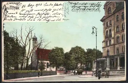 AK München-Haidhausen, Gasteig-Kirchlein & Cafe Gasteig, Panorama mit Strasse