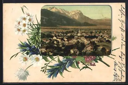 Lithographie Partenkirchen, Totalansicht mit Bergpanorama, Rahmen, Blumenstrauss