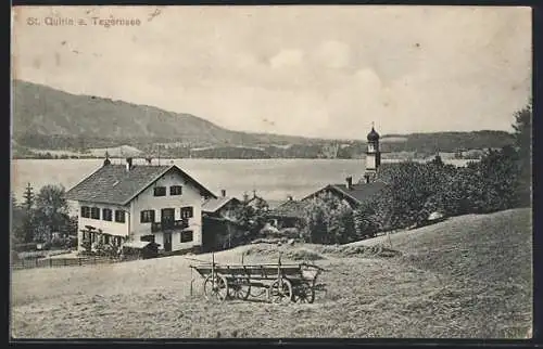 AK St. Quirin a. Tegernsee, Ortspanorama mit Seeblick, Wiese mit Wagen