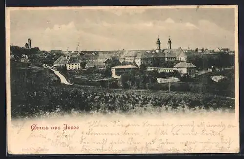 AK Irsee, Ortspanorama mit Strasse und Türmen