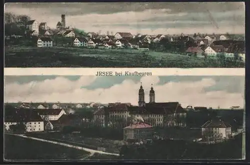 AK Irsee /Kaufbeuren, Ortspanorama mit Strasse u. Türmen, Ortspanorama mit Kirche