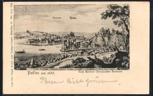 AK Passau, Gesamtansicht um 1650 nach Merians Topographia Bavariae