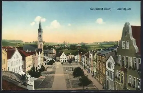 AK Neumarkt /Rott, Marktplatz mit Kirchturm und Fernblick aus der Vogelschau