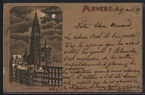 Lithographie Anvers, La Cathedrale, La Lune