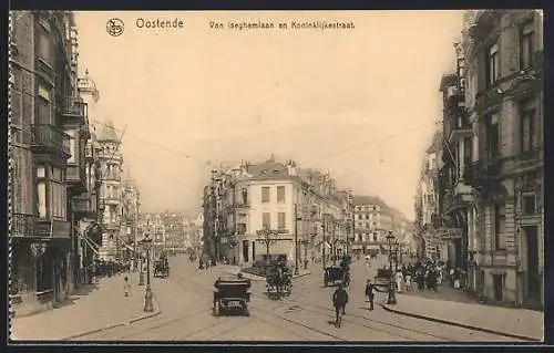 AK Ostende, Boulevard Van Iseghem et rue Royale, Geschäfte