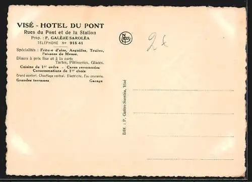AK Visé, Hotel Du Pont, Rues du Pont et de la Station, Prop. P. Galère Saroléa
