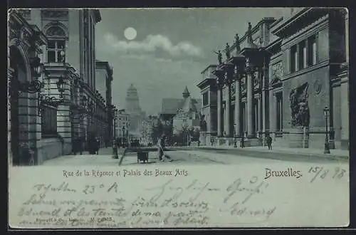 Mondschein-AK Bruxelles, Rue de la Régence et Palais des Beaux Arts