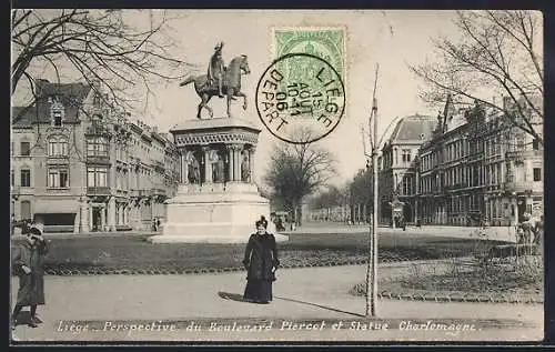 AK Liège, Perspective du Boulevard Piercot et Statue Charlemagne