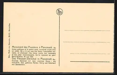 AK Waterloo, Monument de Prussiens a Piancenoit