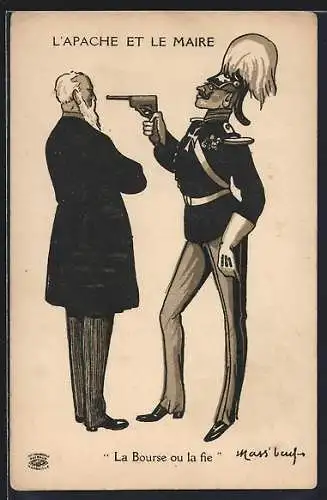 Künstler-AK Kaiser Wilhelm II. bedroht einen Mann mit Pistole, Propaganda Entente