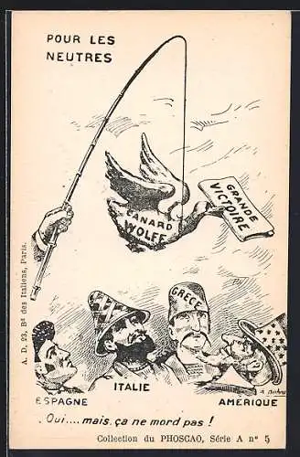 Künstler-AK Spanien, Italien, Griechenland und die USA schauen auf eine Ente mit Zeitung, Propaganda Entente